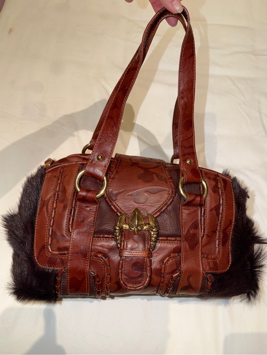 Just Cavalli Handbags - Just Cavalli Vintage brownLeather and Fur Accent Shoulder Bag with Gold Hardware